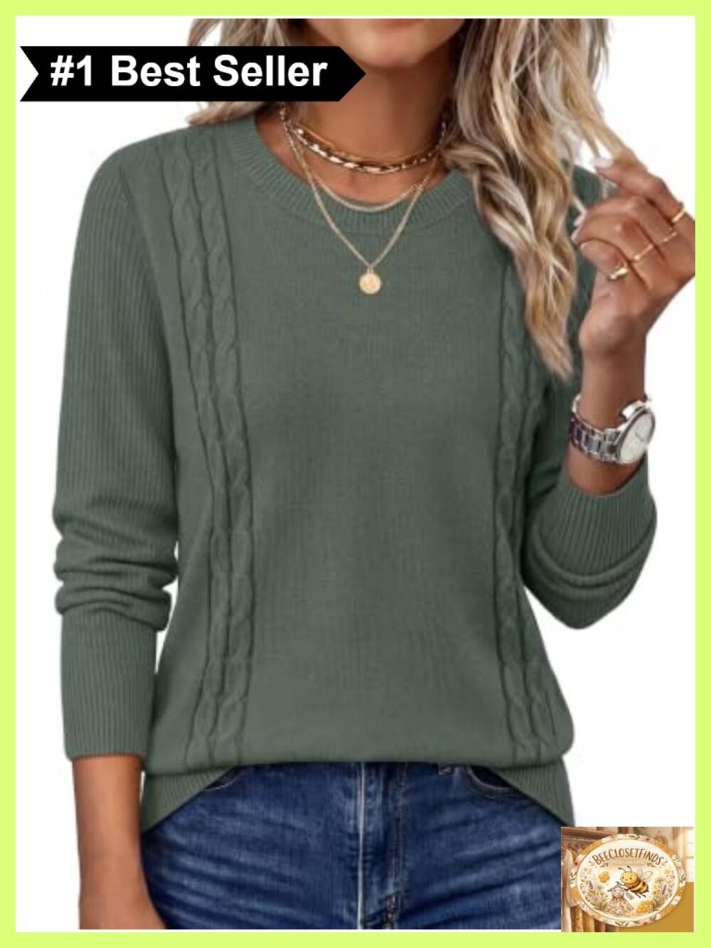 Cable Knit Crewneck Pullover Sweater Ribbed Long Sleeve Viscose Blend